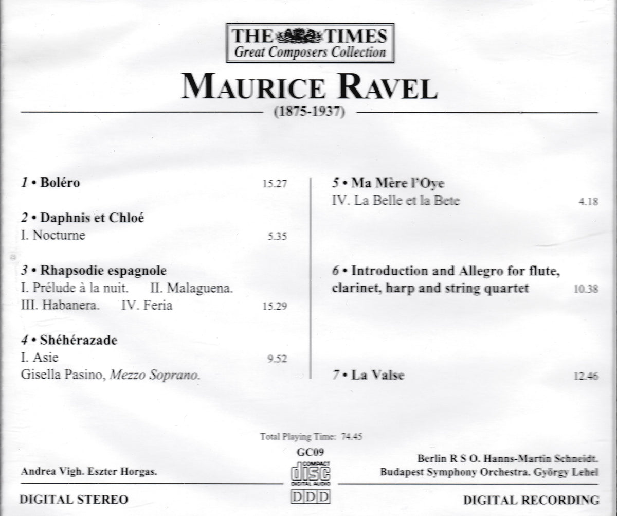 Front cover of a Maurice Ravel 'The Times Great Composers Collection' digital album, showing the complete table of contents on a white background.