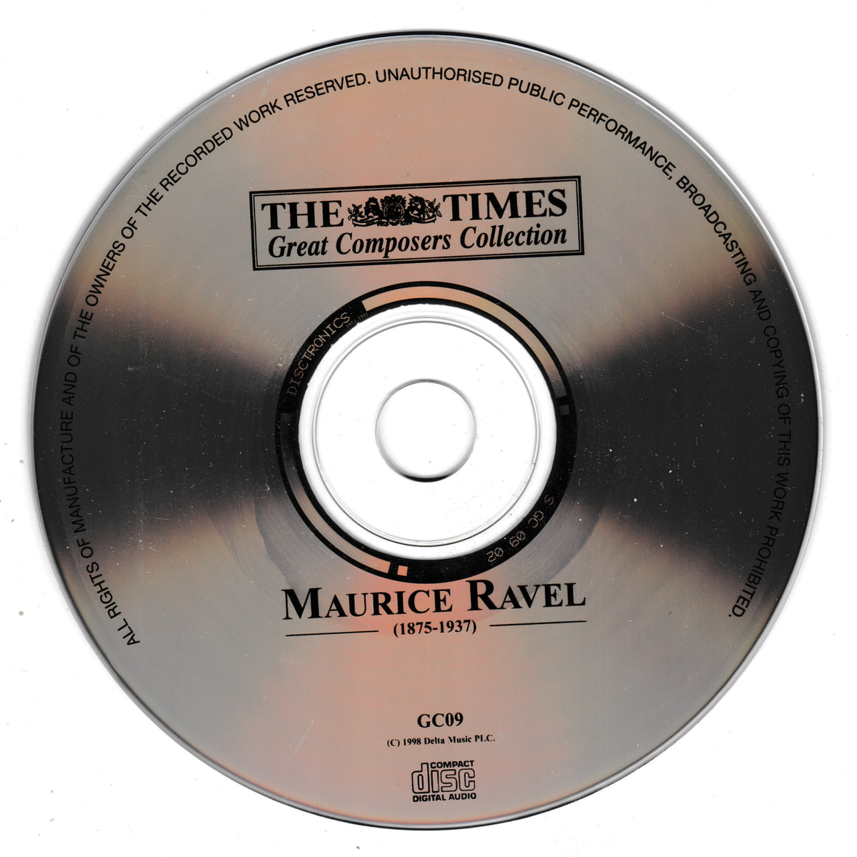 A CD disc from The Times Great Composers Collection featuring Maurice Ravel, photographed on a plain white background.