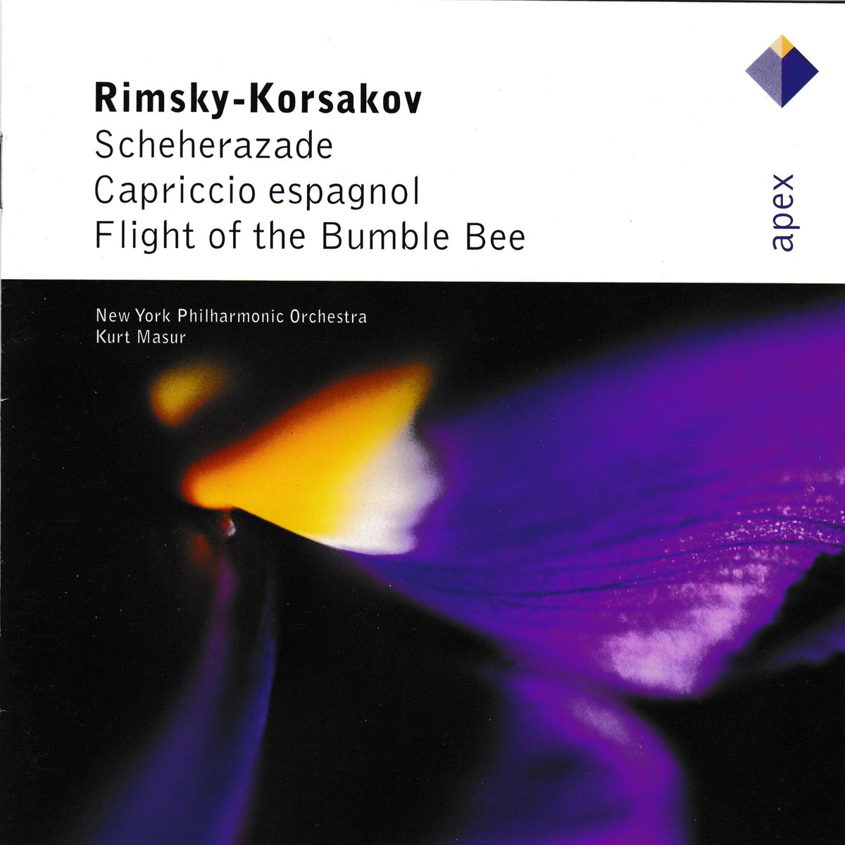 CD cover for Rimsky-Korsakov's 'Scheherazade: Capriccio Espagnol: Flight of the Bumble Bee' performed by the New York Philharmonic Orchestra under the label Apex. The top half is white with black text, and the bottom half features an abstract close-up of a purple flower with yellow-orange highlights on a black background.