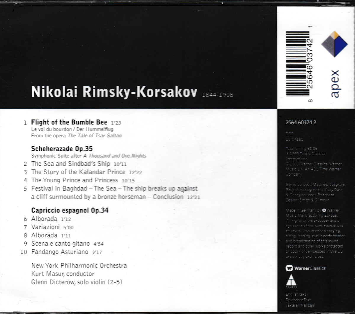 The back cover of a music CD for Nikolai Rimsky-Korsakov's 'Flight of the Bumble Bee', showing track listings, composer and performer credits, and the Apex Records logo and barcode.