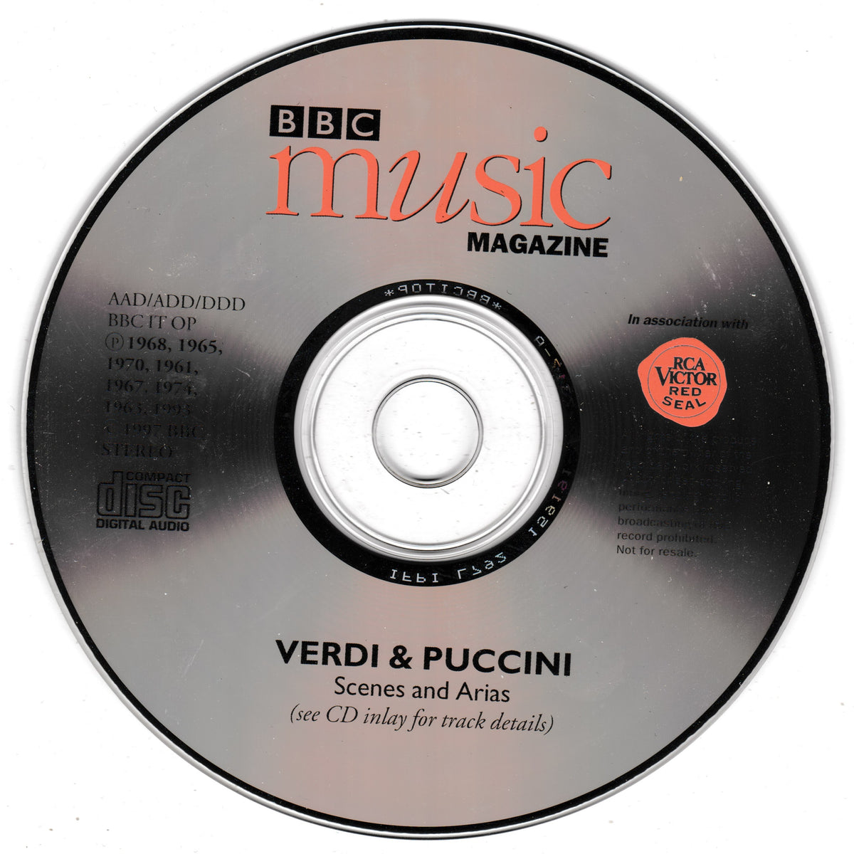 A BBC Music Magazine CD single disc for Verdi & Puccini Scenes and Arias, featuring the BBC Music Magazine logo and a red Victor Records seal.