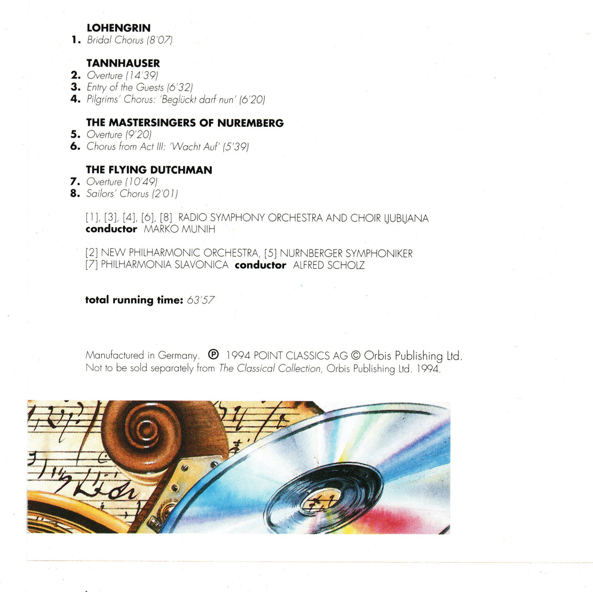 A printed sheet showing track titles and performers for Lothringin, Tanhnhauser, 'The Mastersingers of Nuremberg', and 'The Flying Dutchman', with a small photo of a CD and sheet music at the bottom. 