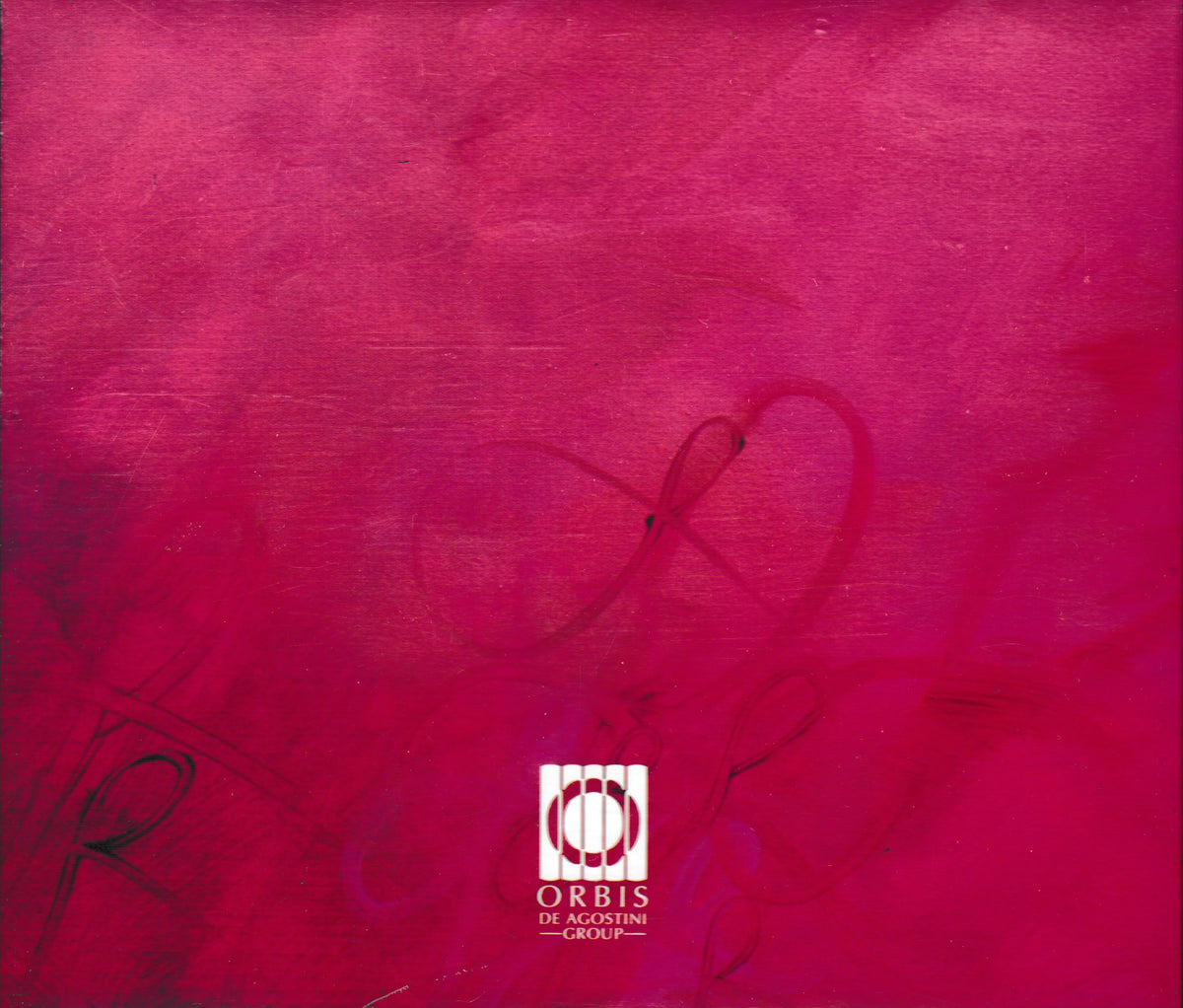 An abstract art print featuring a textured magenta-pink background with faint dark red scribbled lines and a white square logo at the bottom center reading ORBIS DE ADJUNCTIS GROUP.