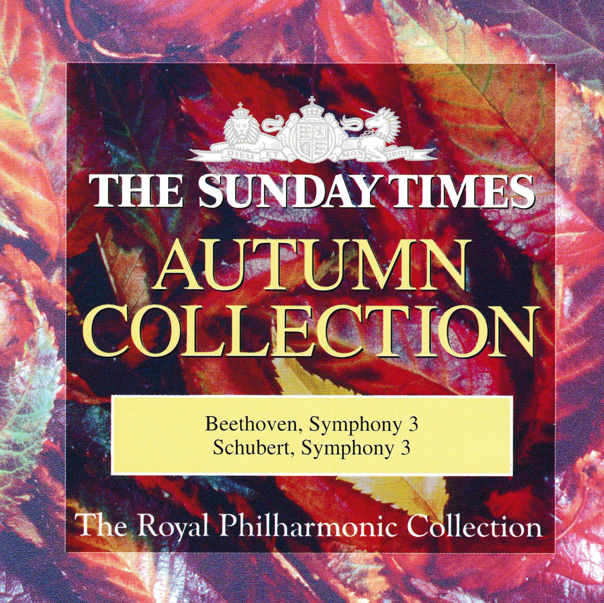 Album cover for 'The Sunday Times Autumn Collection' featuring a central dark purple square with gold and white text over a background of red and orange autumn leaves. Visible text includes 'The Sunday Times', 'Autumn Collection', 'Beethoven, Symphony 3', 'Schubert, Symphony 3', and 'The Royal Philharmonic Collection'.