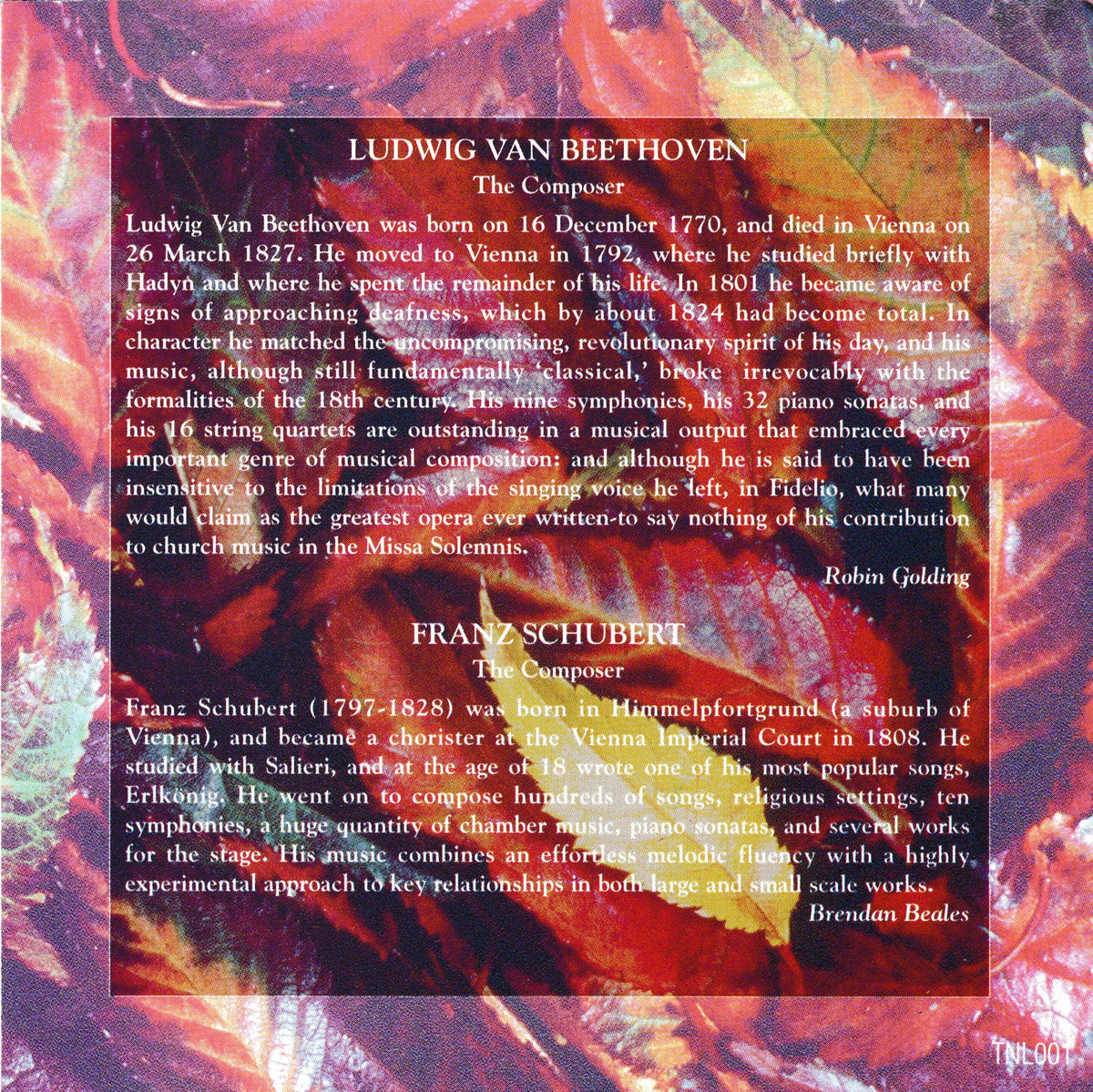 A square book cover or printed publication cover featuring biographical text about Ludwig van Beethoven and Franz Schubert on a dark central panel, set against a vivid abstract floral or marbled background in pink, purple, orange, and blue tones.