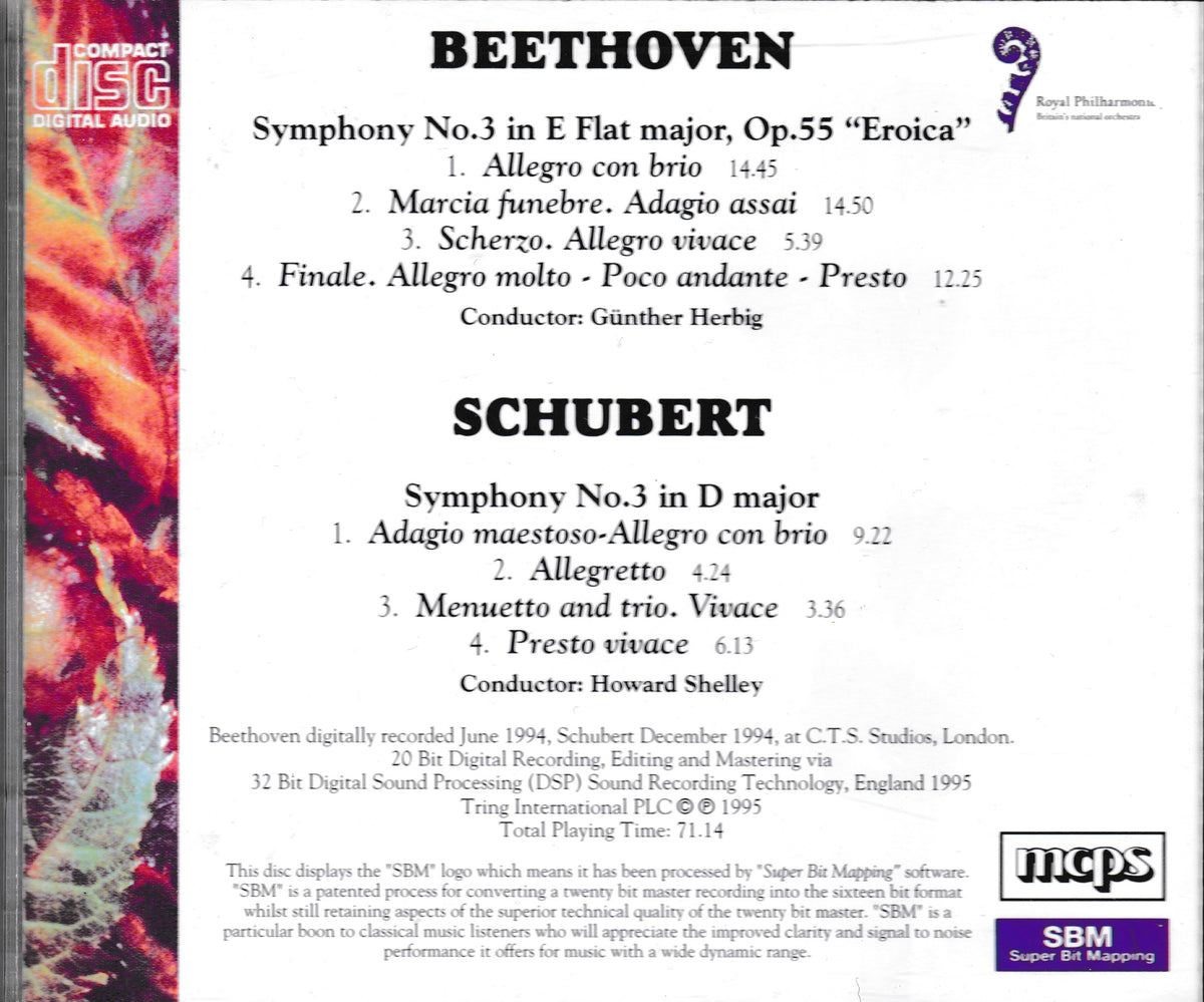 Back cover of a Beethoven and Schubert digital album on CD, showing track titles, conductors, and logos including Thomson and CBS Digital Audio.