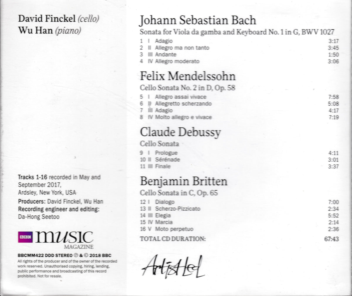 The back cover of a CD album featuring track listings for cello and keyboard works by Bach, Mendelssohn, Debussy, and Britten, with the David Finckel and Wu Han recording credits and a BBC Music Magazine logo.