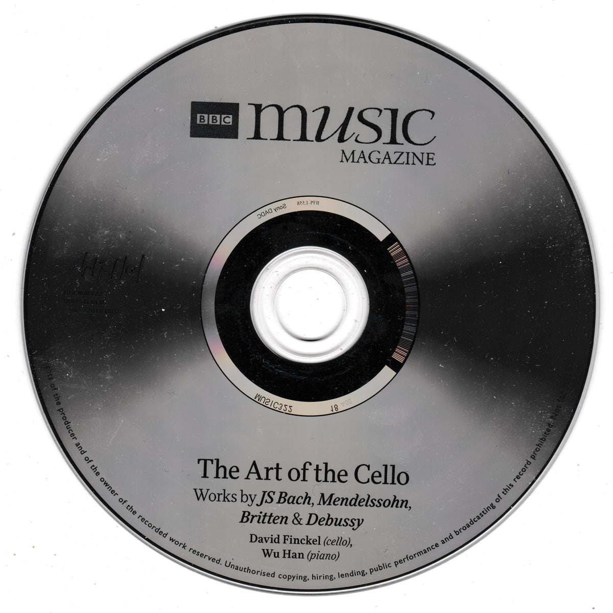 A single BBC Music Magazine CD for 'The Art of the Cello' by David Finckel and Wu Han, photographed from above on a white background.