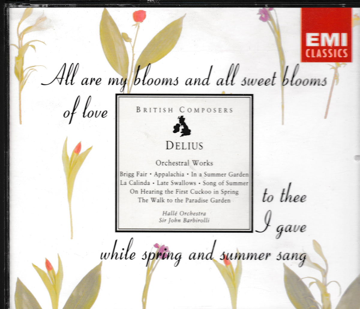 CD cover for EMI Classics British Composers Delius, featuring a white background with delicate botanical illustrations in muted green, yellow, and pink tones, and black script text.