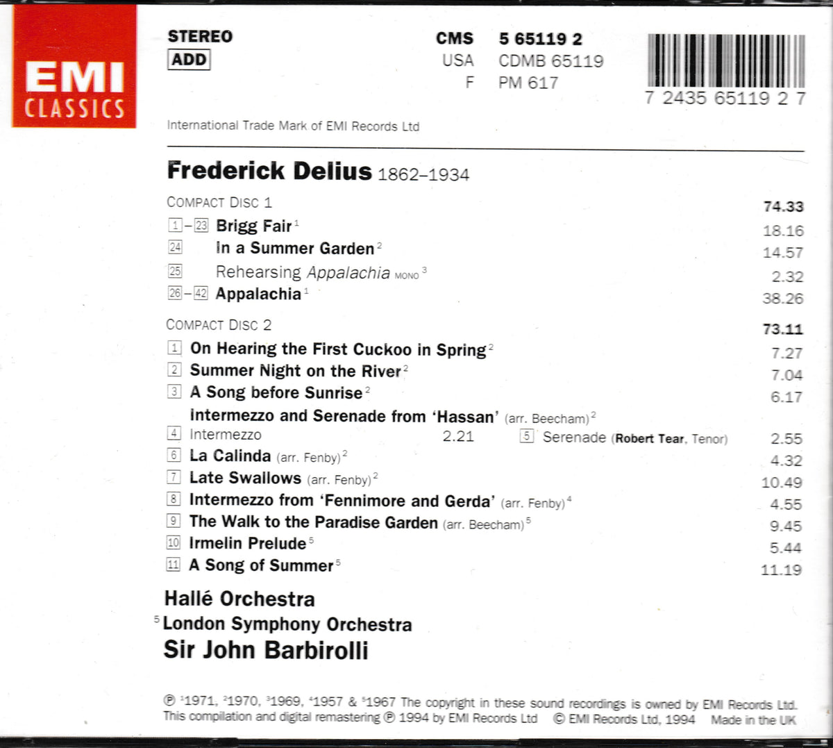 Back cover of an EMI Classics CD for Frederick Delius, showing track listings, barcode, and catalog information on a white background.