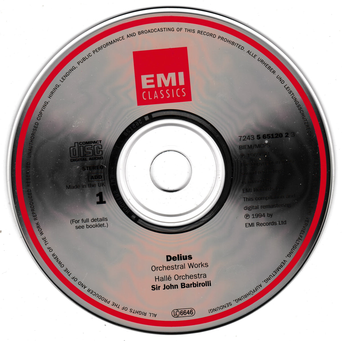 EMI Classics CD for Delius' orchestral works, featuring a silver compact disc with a red and black label.
