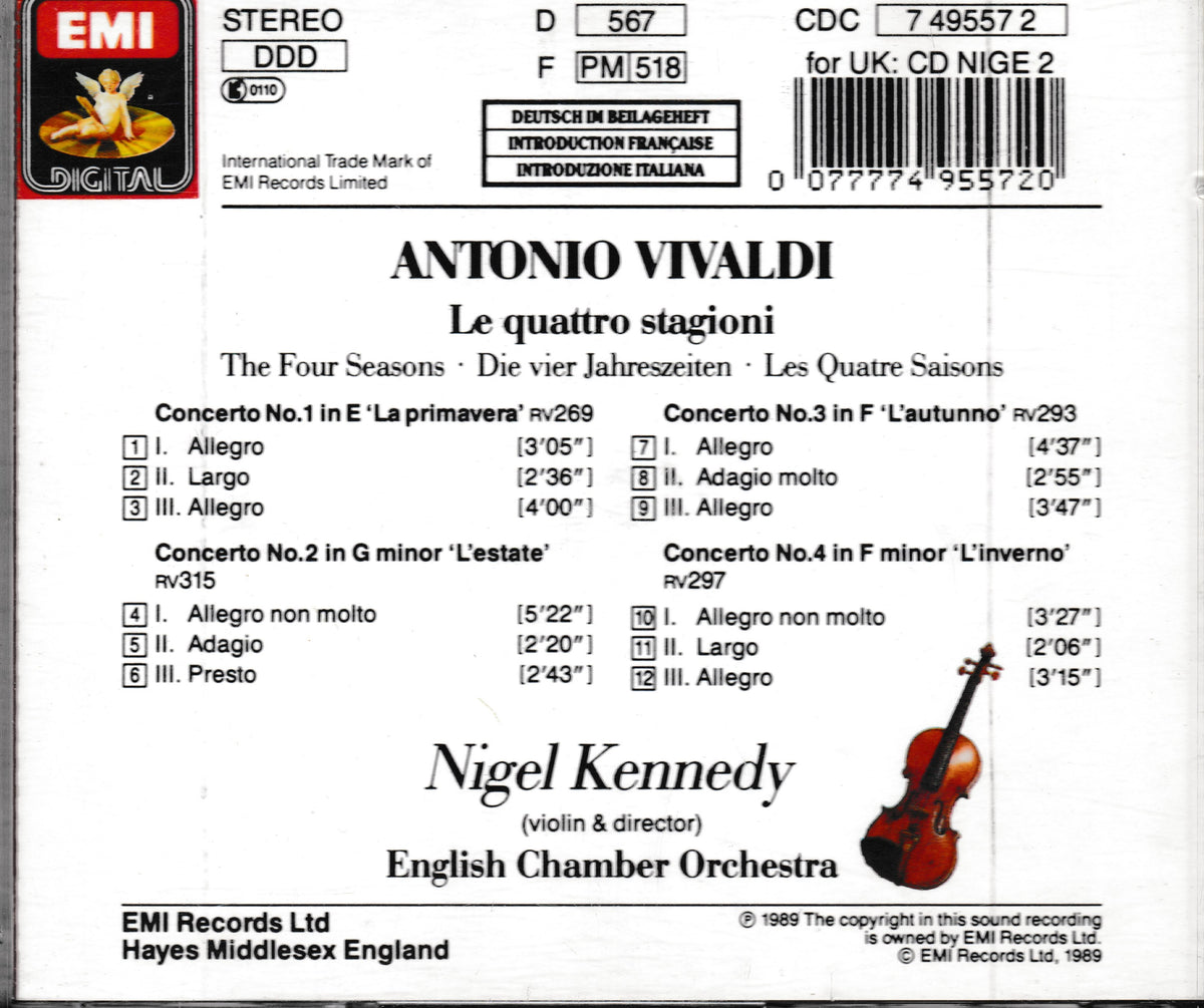 Back cover of a CD album for Antonio Vivaldi's 'Le quattro stagioni' recorded by Nigel Kennedy with the English Chamber Orchestra, published by EMI Records. The cover is predominantly white with black text, featuring a barcode, catalog number, and a small illustration of a violin in the lower right.