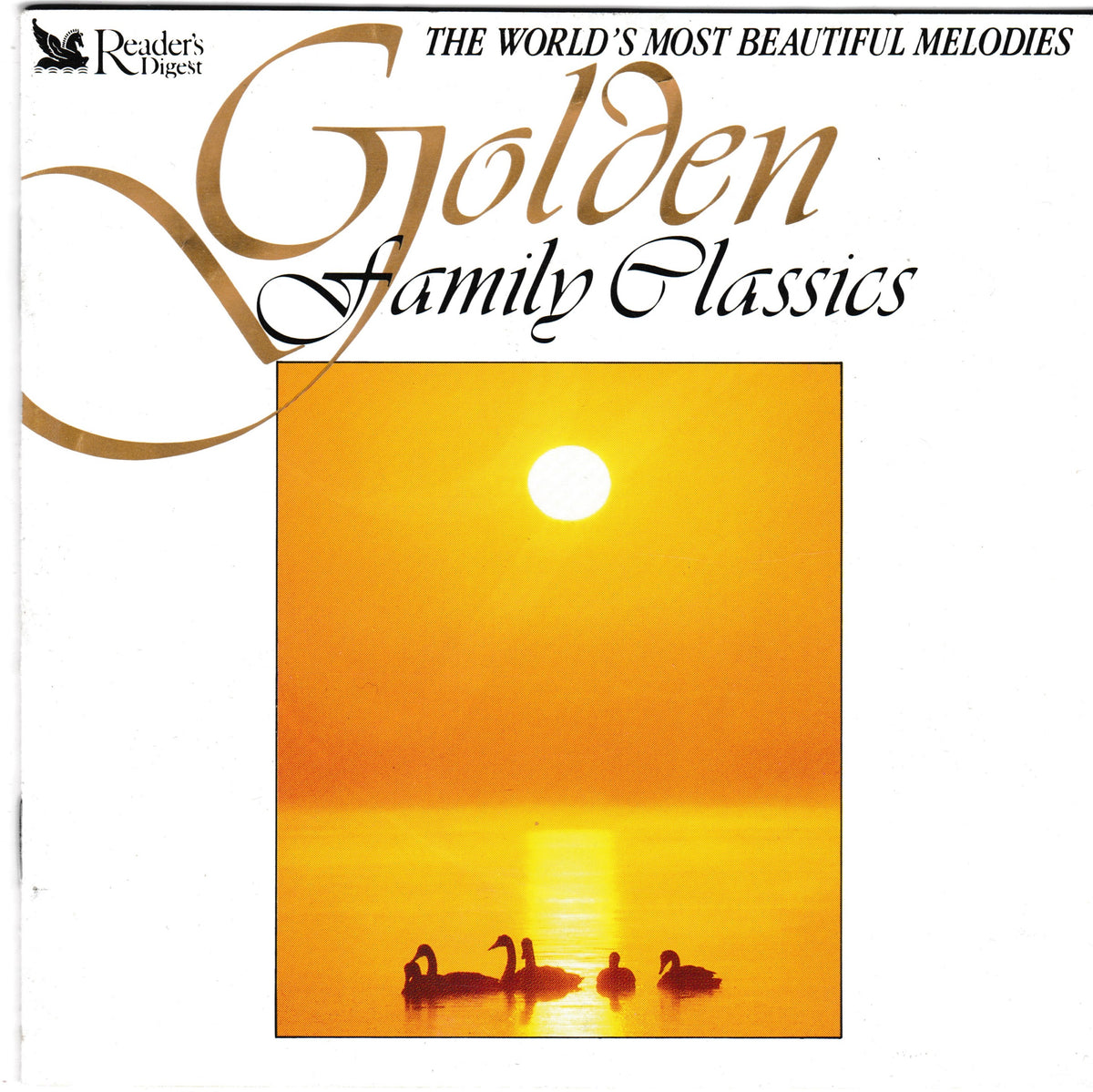 Album cover for 'Golden Family Classics' featuring a white background with elegant gold and black typography and a central square photograph of a golden sunset over water with swan silhouettes. Reader's Digest logo is visible in the top left.