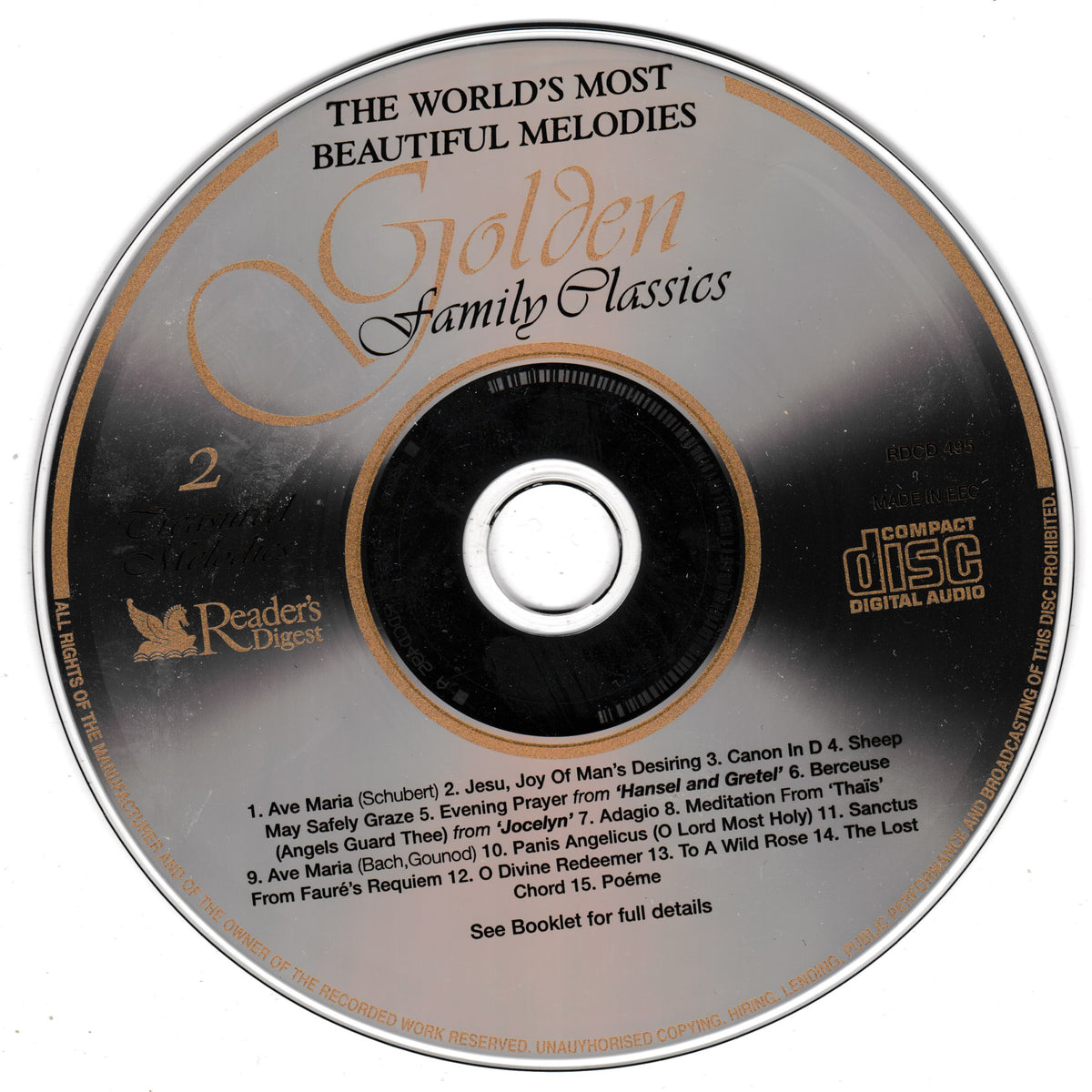 A CD disc for 'The World's Most Beautiful Melodies Golden Family Classics' by Reader's Digest, featuring a black and gray gradient background with gold text and tracklist details.