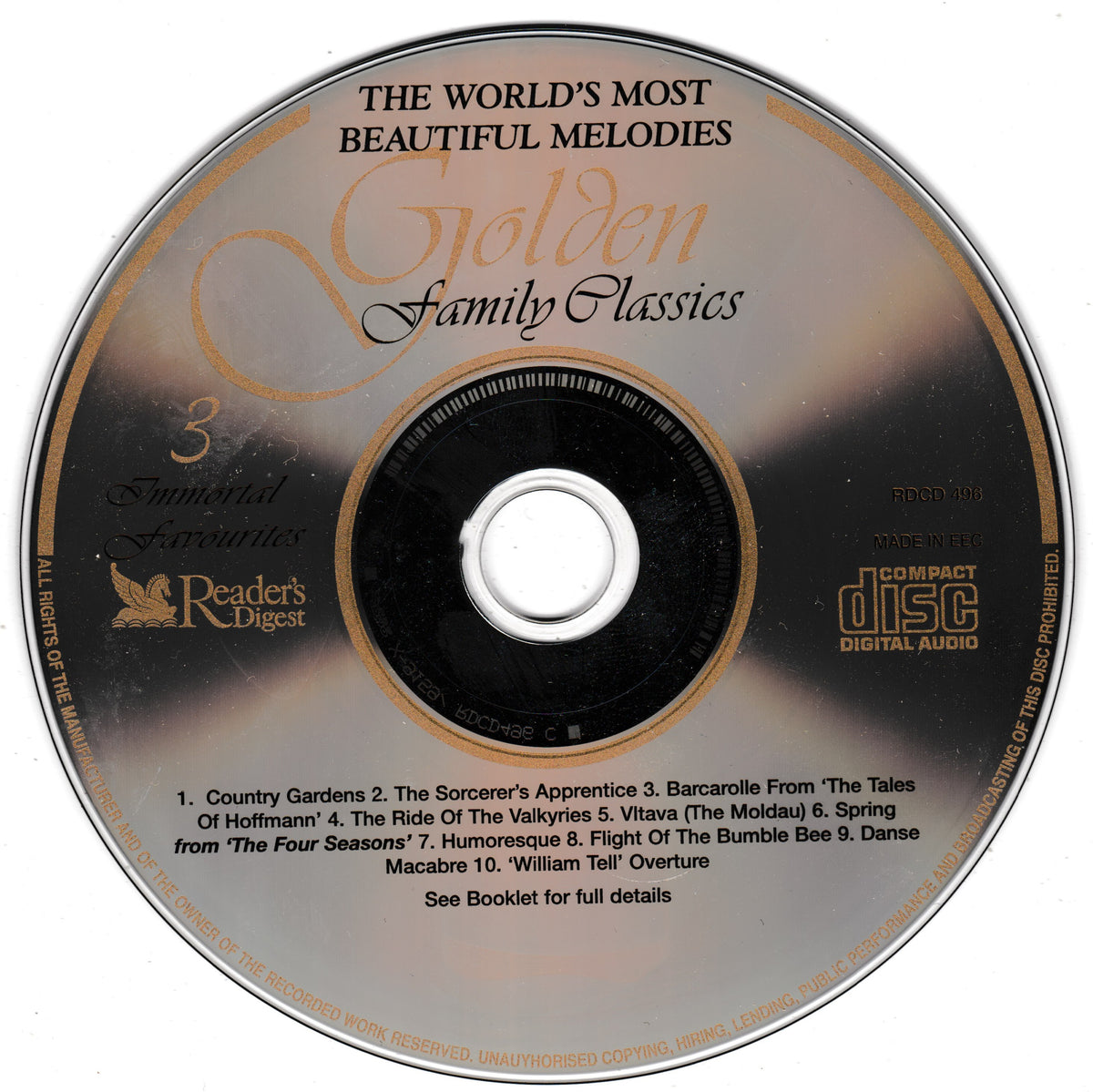 A compact disc for 'The World's Most Beautiful Melodies Golden Family Classics' compilation album by Reader's Digest, featuring tracklist text and the Reader's Digest logo on a reflective silver surface.