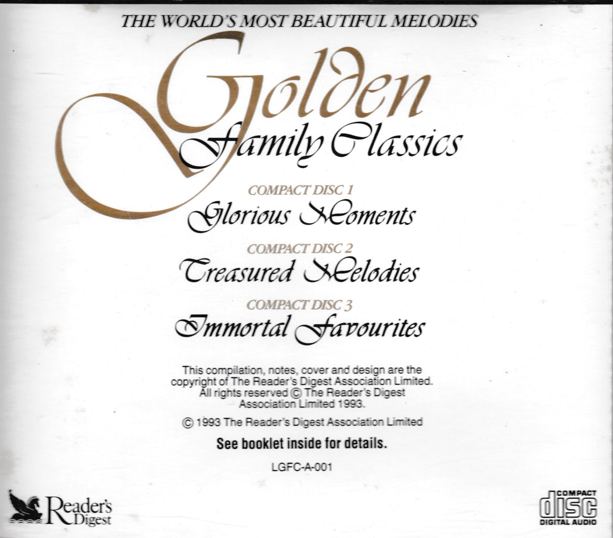 Back cover of a music compilation CD titled 'Golden Family Classics' with track names 'Glorious Moments,' 'Treasured Melodies,' and 'Immortal Favourites.' The cover is mostly white with brown and black text, plus Reader's Digest branding in the corners.