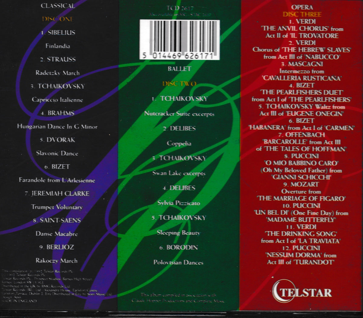The back cover of a Telstar CD album featuring a barcode and track listings for disc one, set against a background split diagonally into black, green, and red sections with purple accents.
