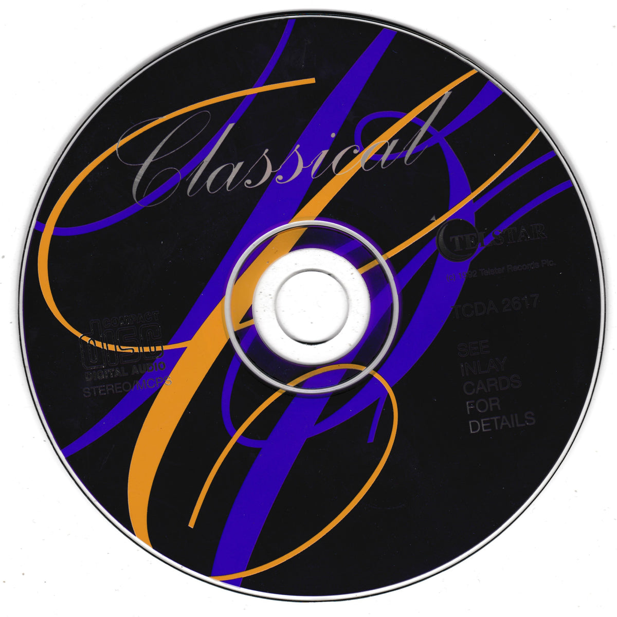 A CD disc with a black background, decorated with purple and orange abstract swirls and the word 'Classical' in white script. The center hub is white, and faint text on the right reads 'Toshiba' and 'CD'.