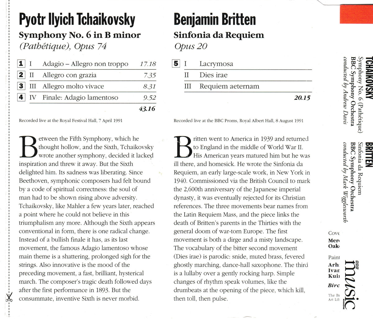 Tchaikovsky, Britten - Symphony No. 6 (Pathétique) / Sinfonia Da Requiem (BBC 1992) CD album