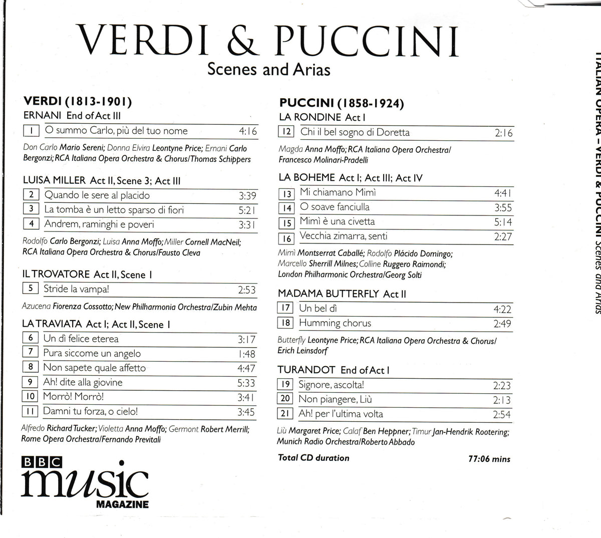 CD cover for Verdi & Puccini: Scenes and Arias, featuring a black background with white text listing the two opera suites, performers, and BBC Music Magazine branding.