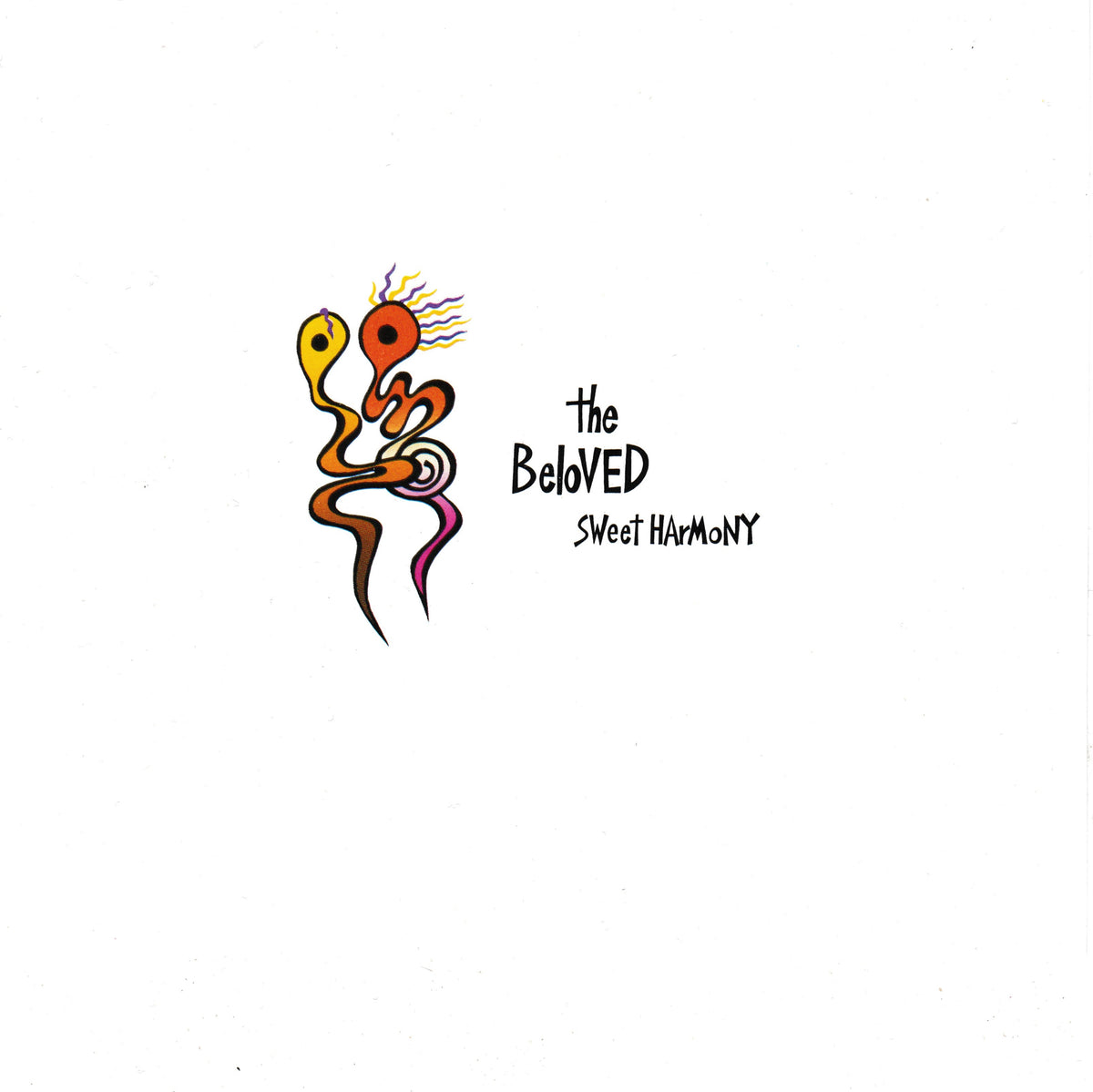 CD single cover for 'Sweet Harmony' by 'The Beloved', featuring a colourful abstract cartoon illustration of two stylized figures on a plain white background.