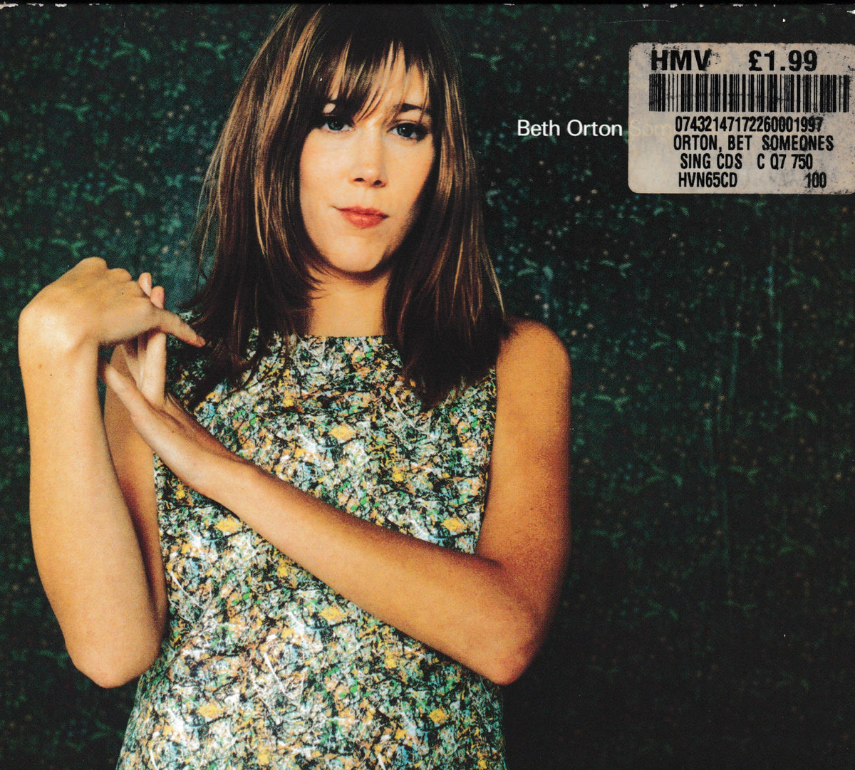 CD single cover for Beth Orton's 'Someone's Daughter', featuring a close-up portrait of the artist against a dark textured background, wearing a green and yellow floral patterned sleeveless top. A white barcode price sticker is visible in the top right corner.