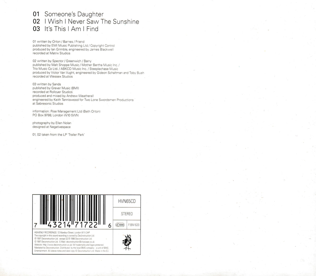 The back cover of a music CD for 'Someone's Daughter' by Beth Orton, featuring track listings, barcode, and release information on a white background.