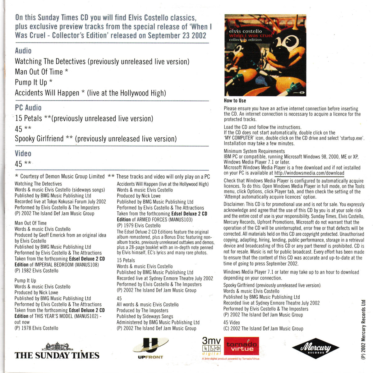 Rear cover for Elvis Costello's 'This Is My Life' CD, featuring tracklist details, audio and video previews, and release information on a white background with black text.