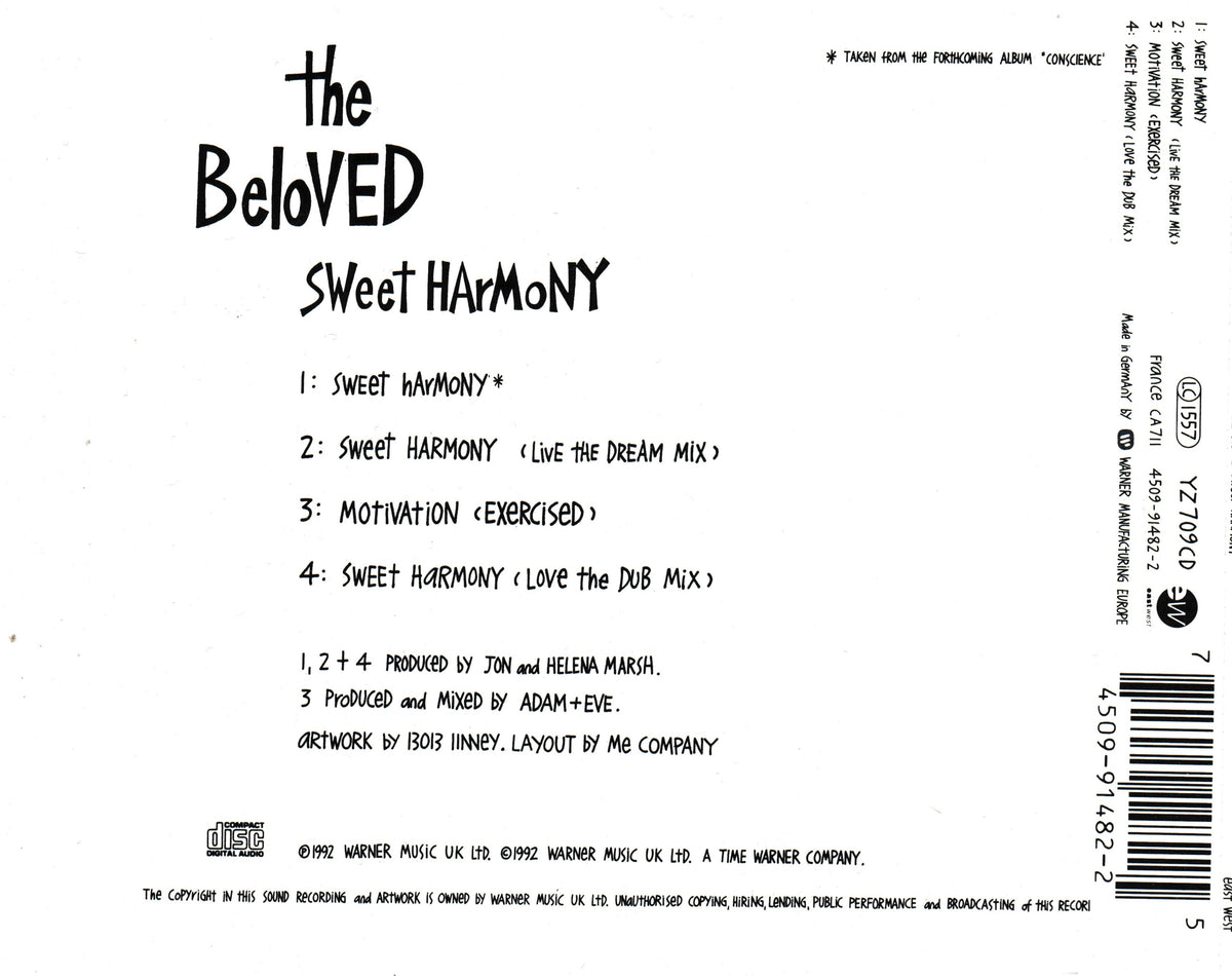 The back cover of the Beloved - Sweet Harmony CD single, featuring tracklist text on a white background with a barcode and Warner Music branding.