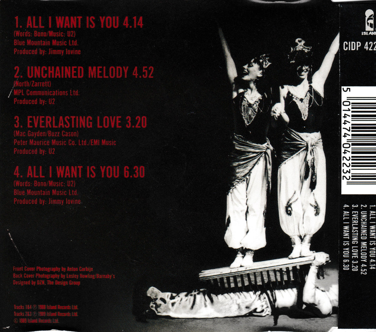 Back cover of a music CD featuring a black background, red tracklist text, and a black-and-white photo of two dancers on a balance board with a tiger at their feet.