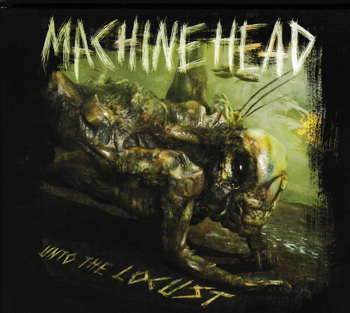 Album cover art for Machine Head's 'Unto the Locust', featuring a highly detailed, textured illustration of a locust against a dark, smoky background with the band's name in distressed white lettering at the top and the album title in yellow at the bottom.