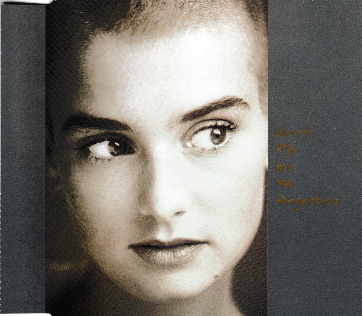 Single cover for 'Don't Cry for Me Argentina' featuring a close-up sepia-toned portrait of Sineadt, with dark textured gray side panels and the title in gold text on the right.
