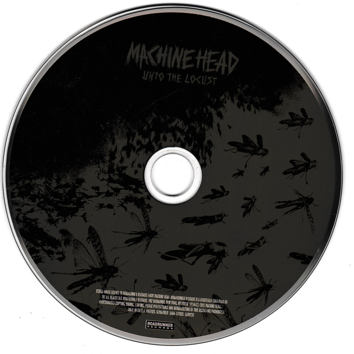 A black CD with the Machine Head 'Unto the Locust' album artwork, featuring a dark graphic design of locusts and a silver reflective rim, shown on a white background.