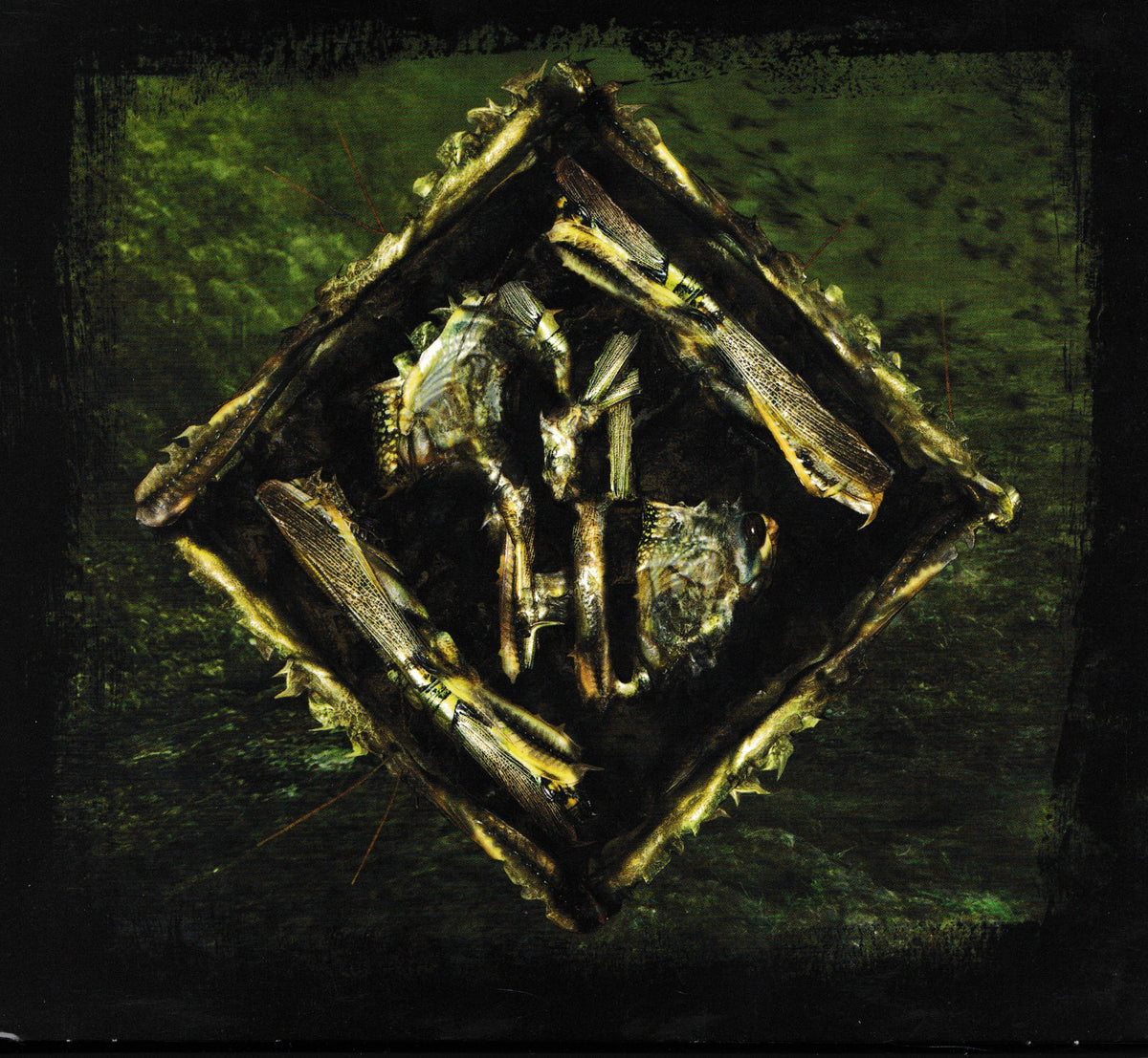 An abstract square artwork featuring a diamond-shaped dark structure with metallic gold and silver elements, set against a textured dark green and black background.