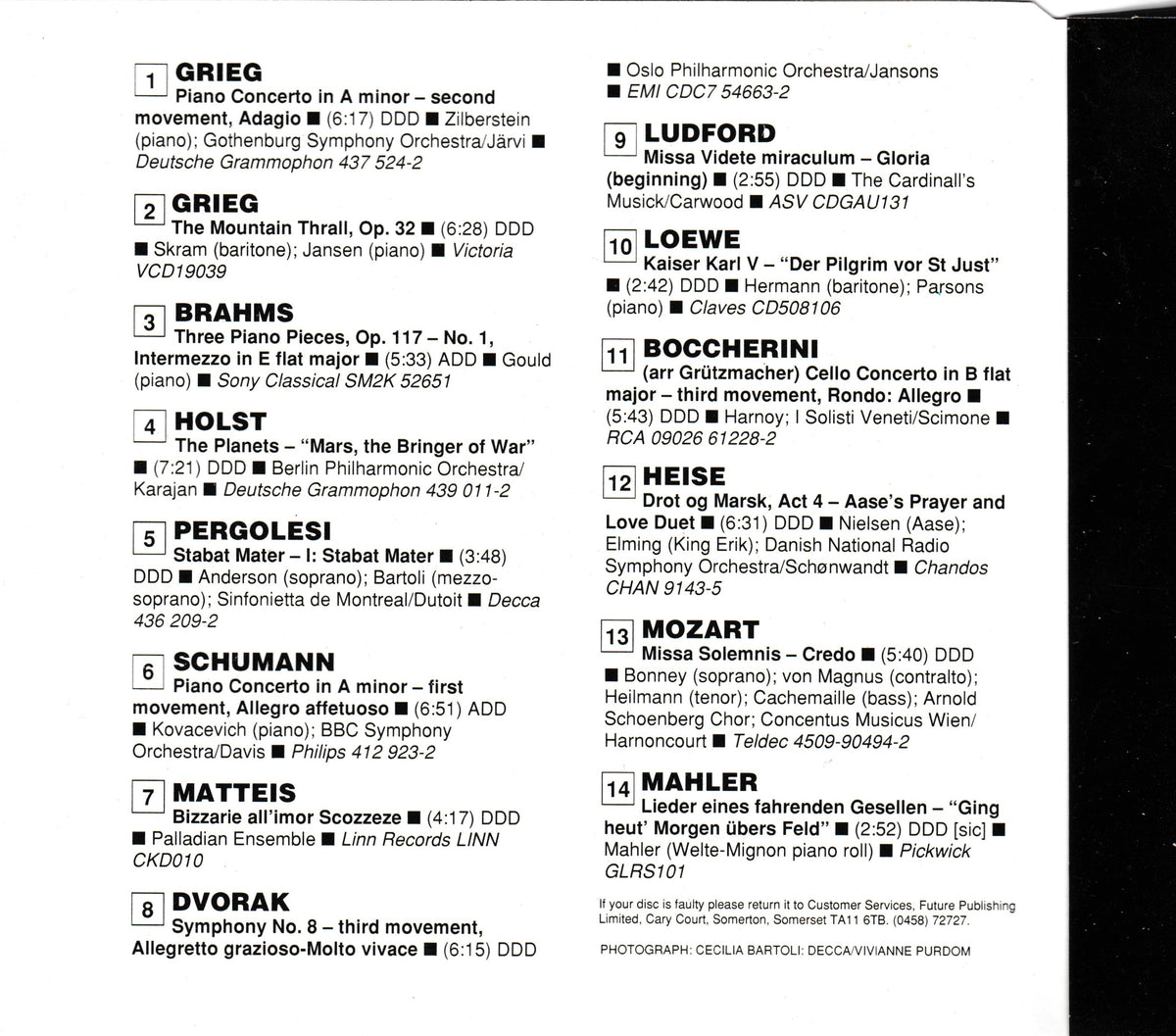 A black-and-white CD insert showing classical piano arrangements with composer names such as Grieg, Brahms, Holst, Schumann, and Mozart, plus performer credits and publisher text at the bottom.