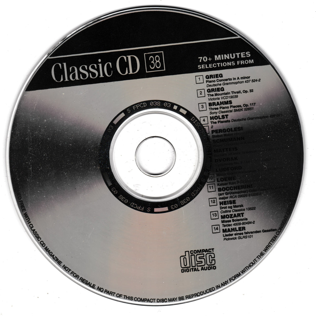 A classic compact disc music release labeled 'Classic CD 38' with tracklist text and the disc brand logo 'Compact disc digital audio' visible on the reflective silver surface.