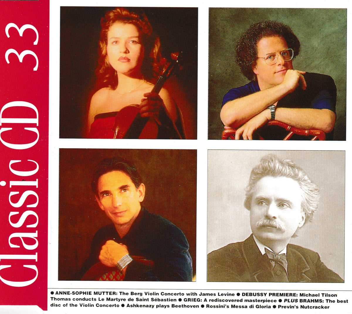 Album cover for 'Classic CD 33' featuring four portrait photos of musicians and a vertical red sidebar with white text. The bottom strip lists track titles and composers including Anne-Sophie Mutter, Debussy, Michael Tilson, and others.
