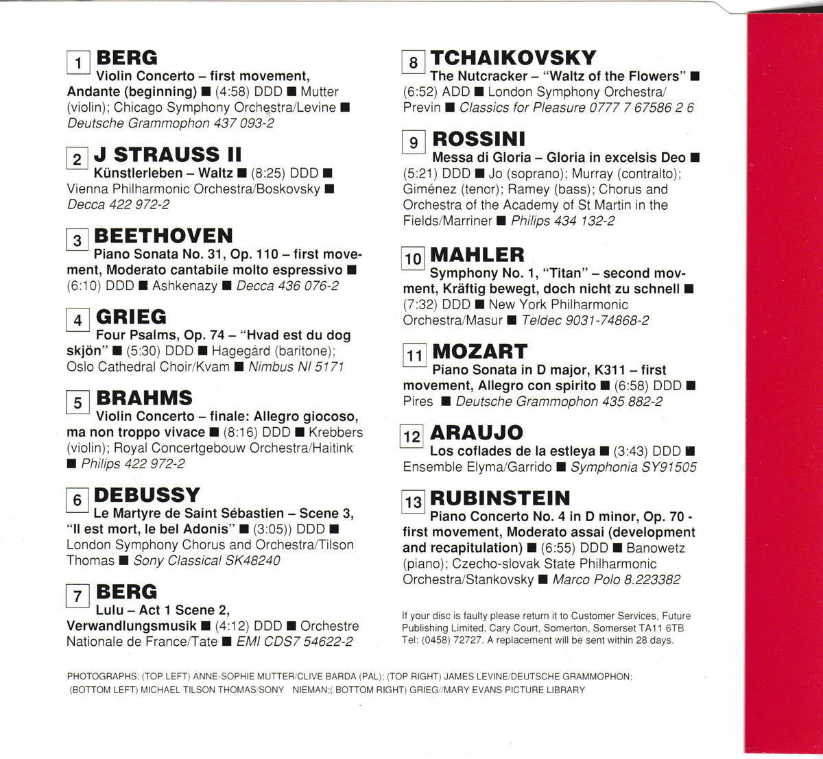 A printed CD insert with black musical notation and text on a white background, bordered by a red margin on the right side. Visible text includes piece titles such as Berg, Tchaikovsky, J.