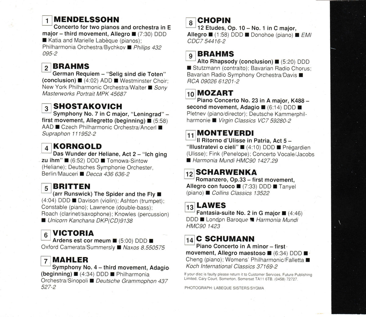 A printed CD insert showing a classical music repertoire list with numbered compositions and composer names, photographed against a white background.