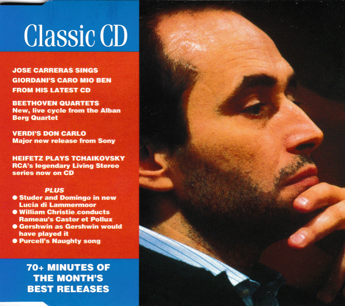 An album cover for a 'Classic CD' featuring a close-up portrait of a man in profile on the right and a blue and red text block on the left listing classical music titles and release details.