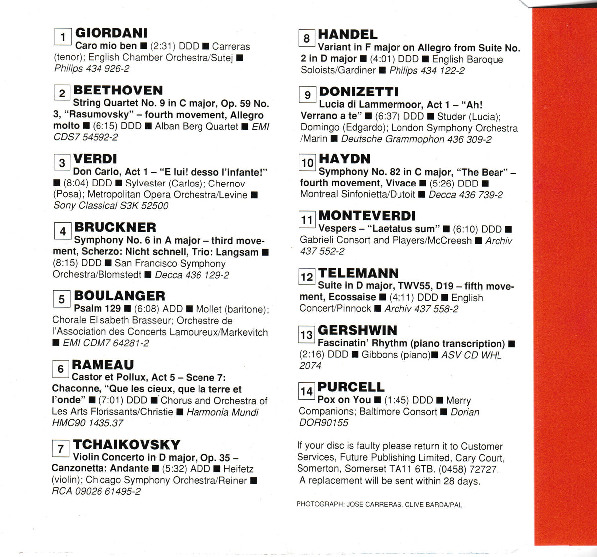 A printed CD insert featuring classical piano arrangements with composer and publisher names listed in black text on a white background.