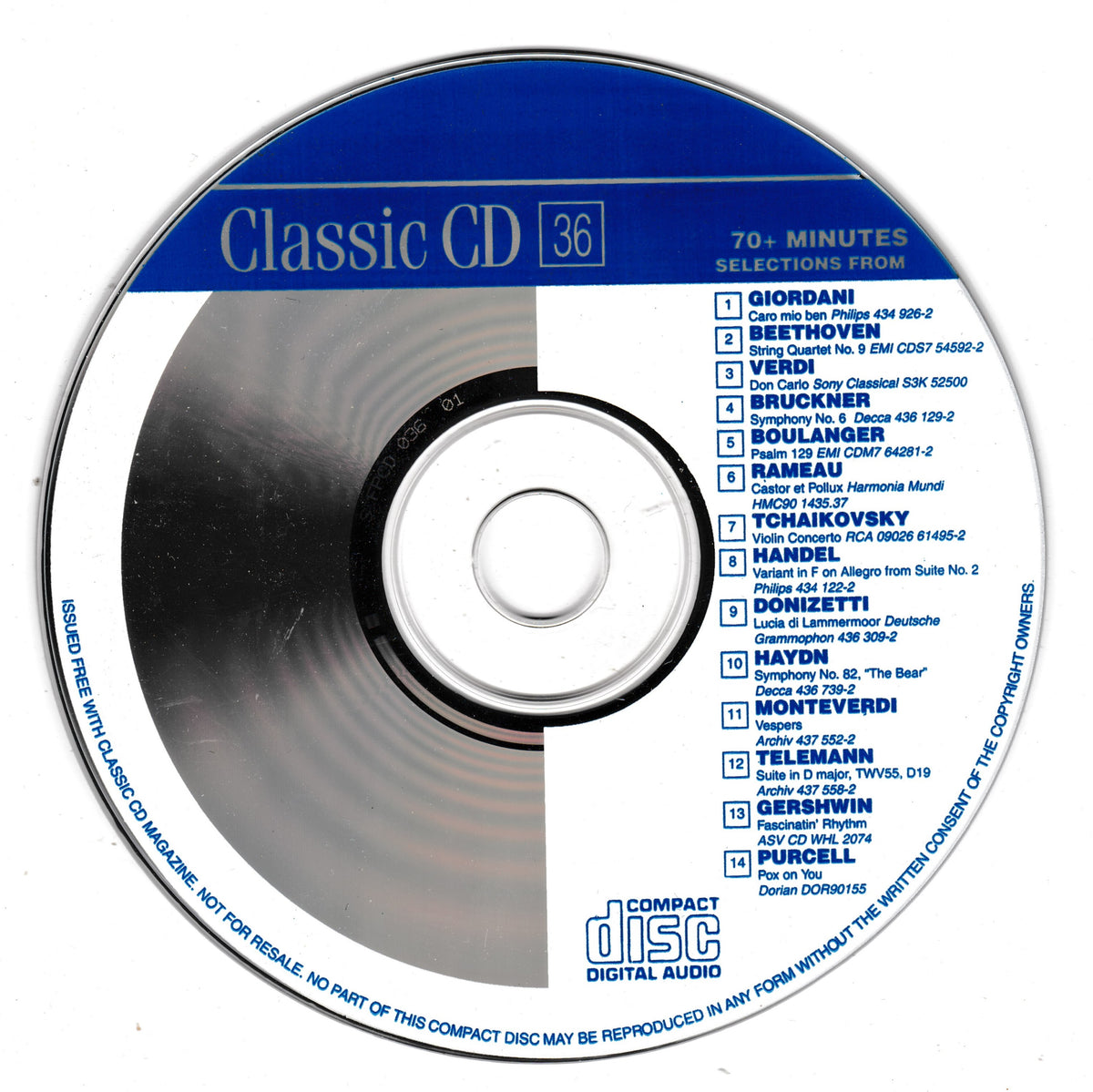 A classic CD jewel case disc with a blue and silver label, featuring a tracklist for 'Classic CD 36' 70-minute selections from various classical composers.