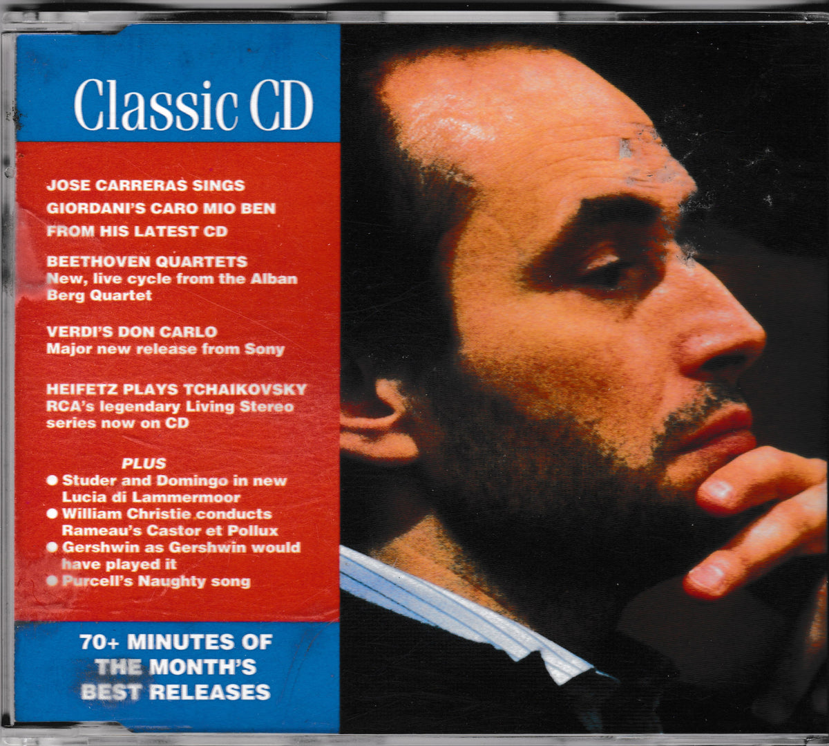 A CD album cover for 'Classic CD' featuring a blue and red text panel on the left and a close-up portrait of a man on the right. Visible text includes 'JOSE CARRERAS SINGS' and track listings for classical music.