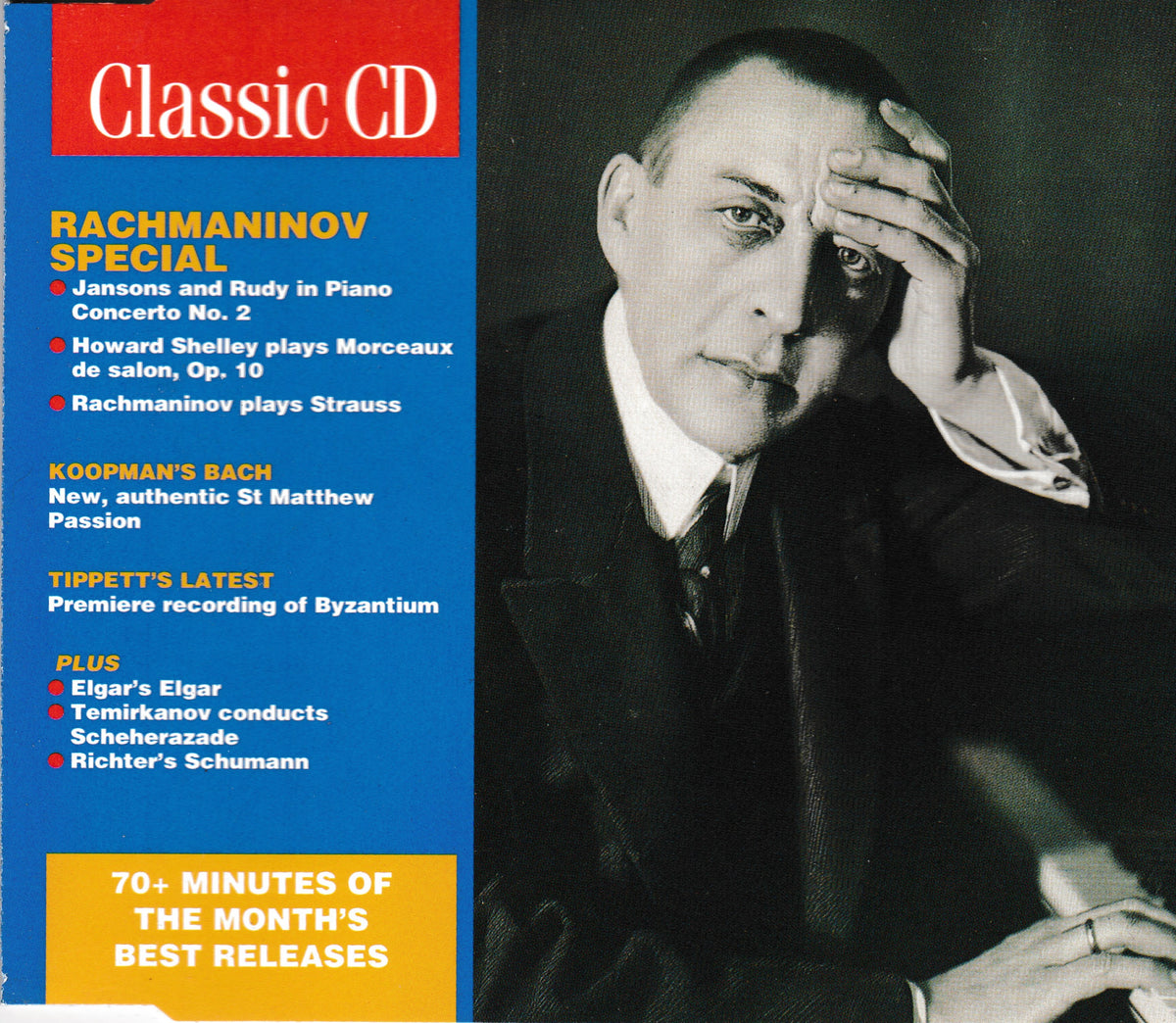 CD cover for a Rachmaninov special release from a 'Classic CD' series. The left side has a bright blue panel with yellow and white text listing included works and artists, while the right side shows a dark-toned portrait of a man in a suit.