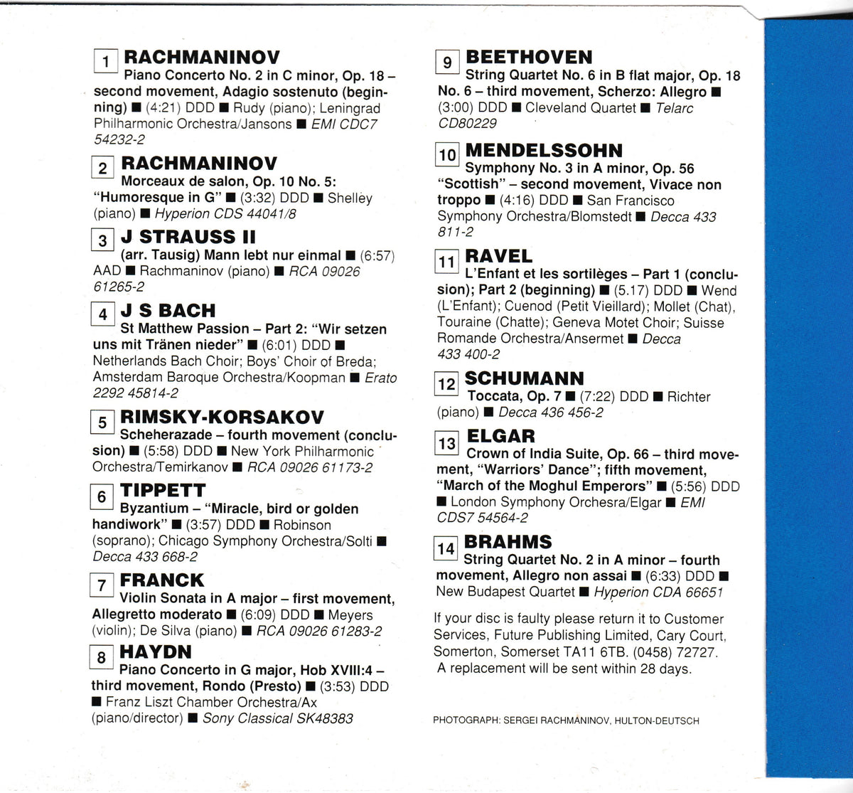 A printed CD insert for a piano repertoire collection, featuring black printed musical notation and text on a white background with a solid blue vertical band on the right side. Visible text includes composers such as Rachmaninoff, Beethoven, Mendelssohn, Schumann, Elgar, Brahms, and Haydn, along with publisher names like Edition Russisch and Sony Classical.