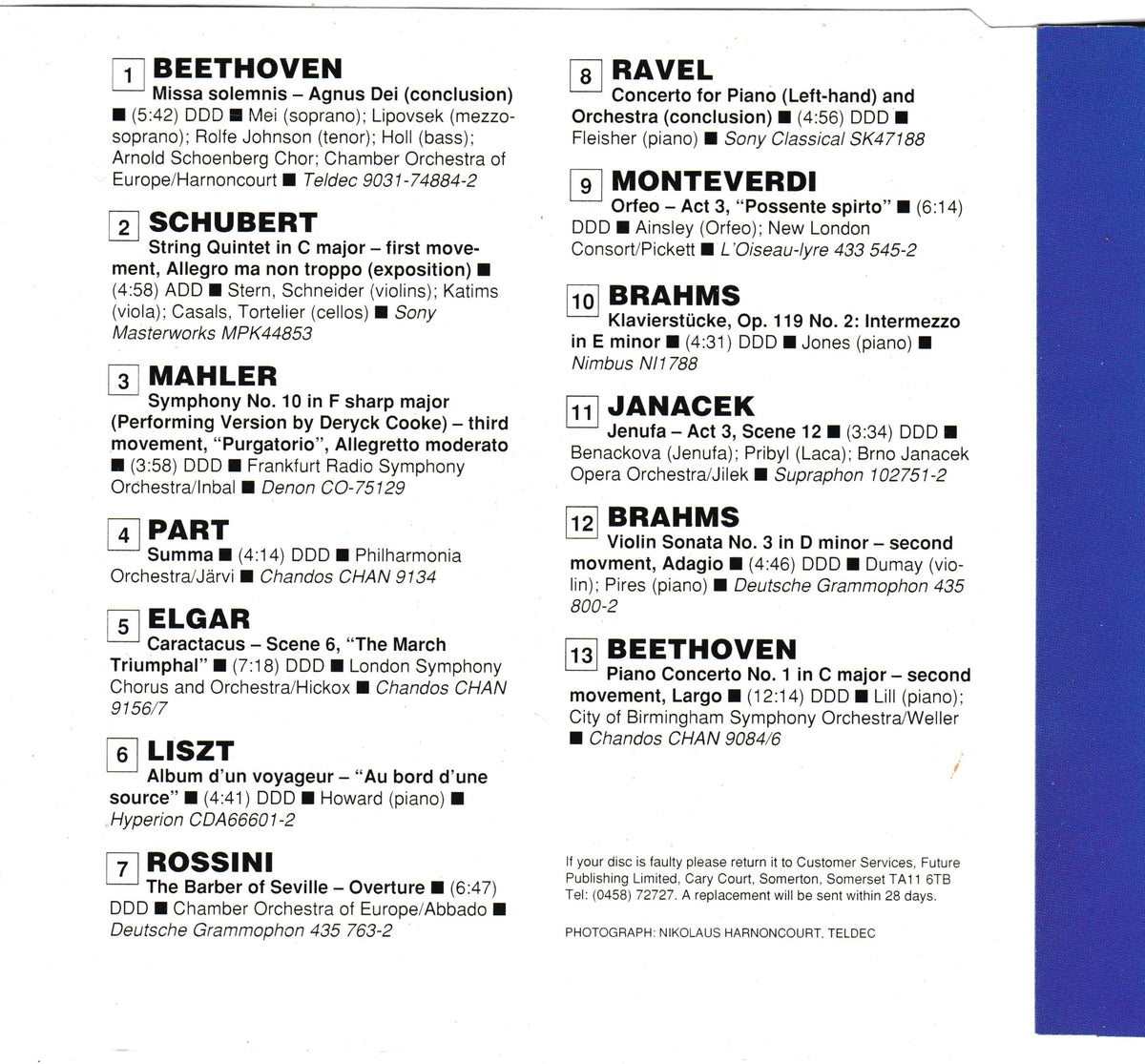 A black and white scan of a CD booklet page showing classical music compositions listed in numbered columns, including Beethoven, Ravel, Mahler, Liszt, and Rossini.