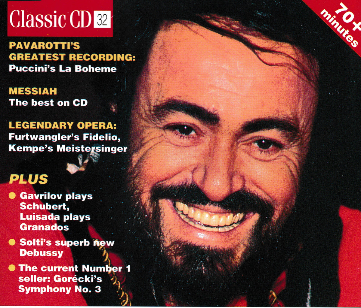 CD cover for 'Classic CD 32' featuring a close-up portrait of Luciano Pavarotti smiling, with text highlighting recordings such as Puccini's La Boheme, Messiah, and Furtwangler's Fidelio. The cover has a red corner banner reading '70+ minutes' and lists additional performances.