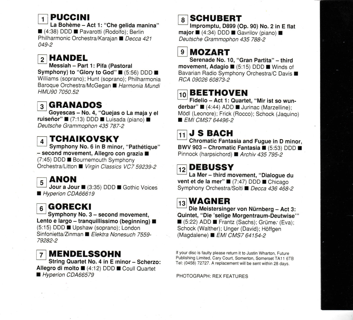 A printed CD insert featuring a white grid and columns of text listing classical piano compositions by composers such as Puccini, Mendelssohn, Schubert, Mozart, Beethoven, Bach, Debussy, and Wagner, with publisher credits at the bottom.