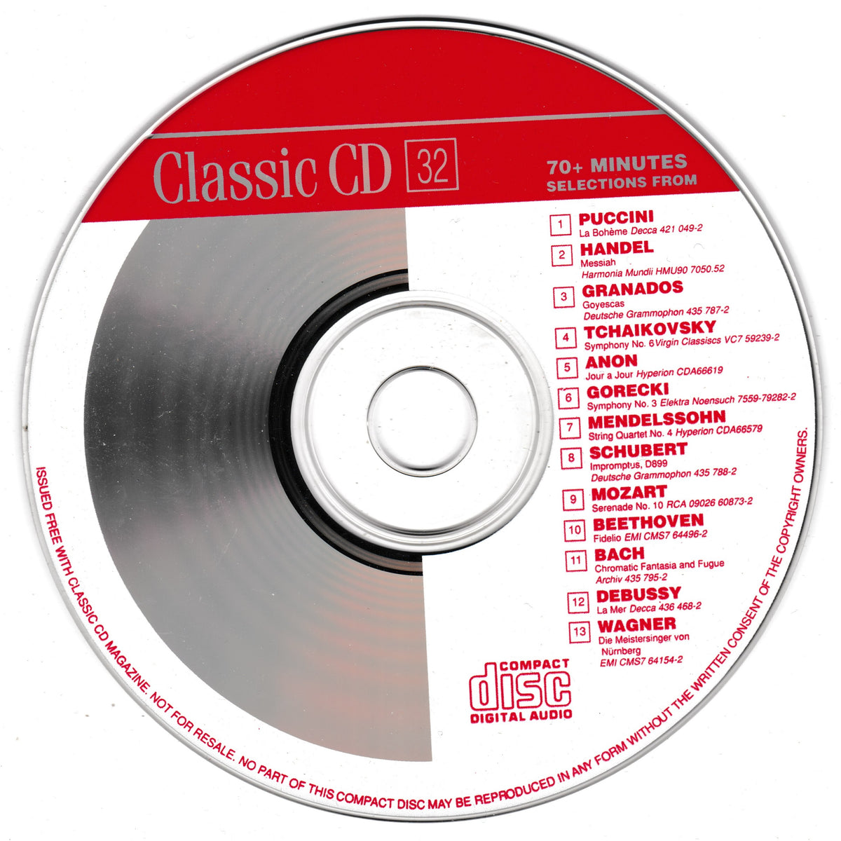A silver compact disc with a red label reading 'Classic CD 32' and a list of classical music selections, photographed on a white background.