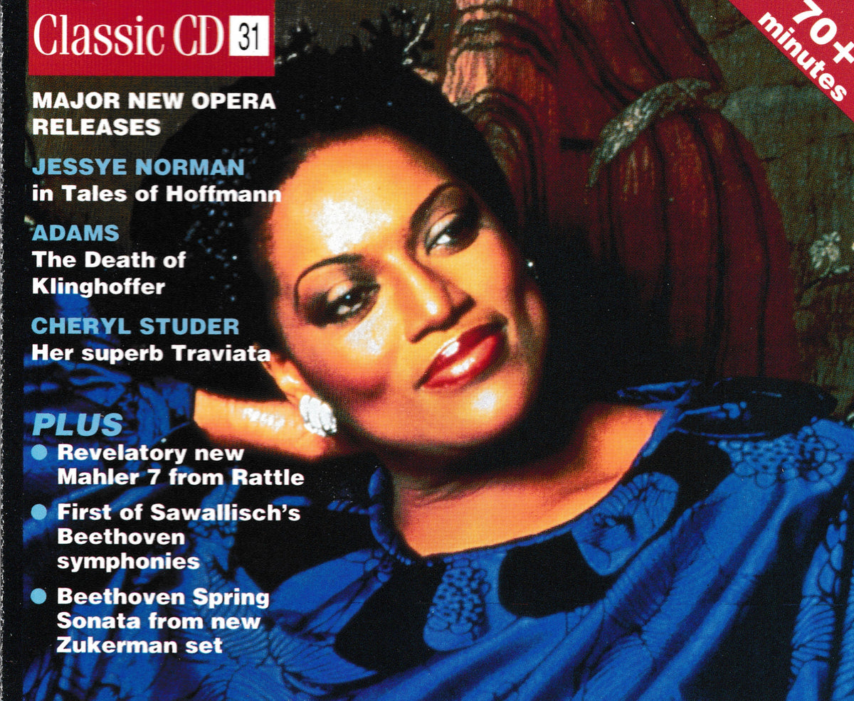 CD cover for 'Classic CD 31: Major New Opera Releases' featuring a close-up portrait of Jessye Norman in a blue dress against a dark background with red and gold decorative elements.
